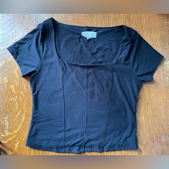 Olive & Oak Women’s Black Short Sleeve Corset Tee Large Square Neck Stretch Soft - Picture 4 of 14